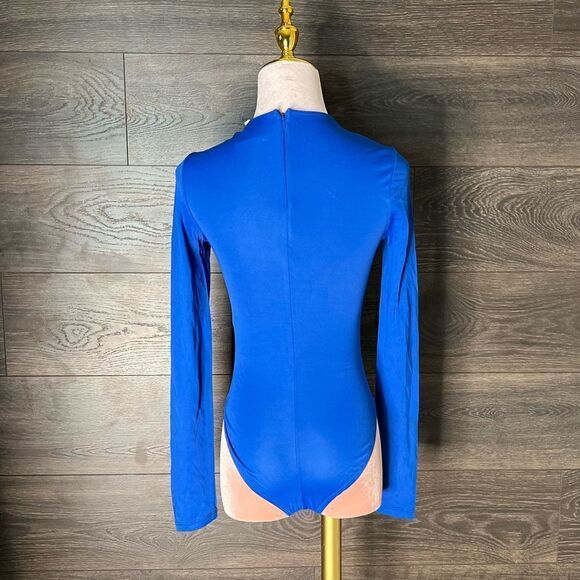 Farm Rio 🌴🦜🌺 Vivid Bright Blue Long Sleeve, High-Neck Bodysuit, Size XXS. NWT - Picture 4 of 16